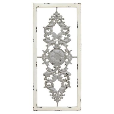 HomeRoots Home Decor Distressed Scroll Panel Metal White Wood Framed Wall Art - 321183. View a larger version of this product image.