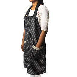 Ohrna JAMA Apron in Woven Ikat Cotton Adjustable Size with Large Pockets with an Embroidered Trim - Black