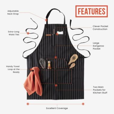 Chef Pomodoro Kitchen Apron, Unisex Chef Apron, 100% Cotton, Adjustable Neck and Back Straps, 5+ Pockets, Towel Loops - Designed for Home, BBQ, Grill Use (Classic Striped). View a larger version of this product image.