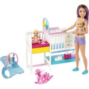 Barbie Nursery Playset with Skipper Babysitter Doll, 2 Baby Dolls, Crib and Working Baby Gear