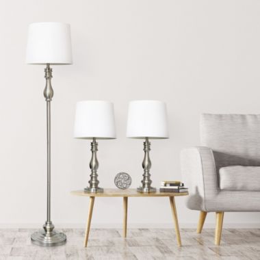 Lalia Home Perennial Morocco Classic 3 Piece Metal Lamp Set (2 Table Lamps, 1 Floor Lamp) For Living Room, Bedroom, Home Decor With White Drum Fabric Shades And Brushed Steel Finish. View a larger version of this product image.