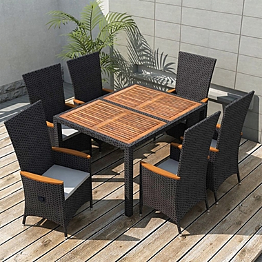 vidaXL 7 Piece Patio Dining Set Poly Rattan Acacia Wood Black. View a larger version of this product image.