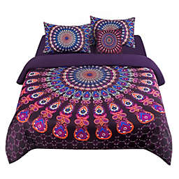 PiccoCasa 5 Pieces Luxury Duvet Cover Set Bohemian Bedding Set, Microfiber Polyester Comforter Cover with Zipper Closure and Corner Ties, Including Fitted Sheet and Throw Pillowcase Purple Queen