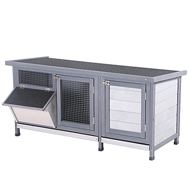 PawHut Wooden Outdoor Bunny Rabbit Hutch with 2 Large Customizable Run Areas and a Cozy Main House Grey Feeding Trough 