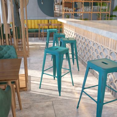 Flash Furniture Kai Commercial Grade 30" High Backless Distressed Kelly Blue-Teal Metal Indoor-Outdoor Barstool. View a larger version of this product image.