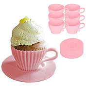 Kitcheniva Baking Cupcake Teacup Set Oven-Safe With Saucers Pink 12-Pieces. Pink