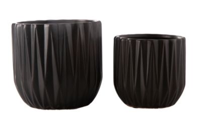 Urban Trends Collection Ceramic Round Pot with Embossed Spike Design Body and Tapered Bottom Set of Two Matte Finish Black