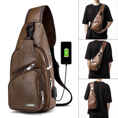 Kitcheniva Men Leather Sling Bag Chest Shoulder Crossbody Backpack, Light Brown. View a larger version of this product image.