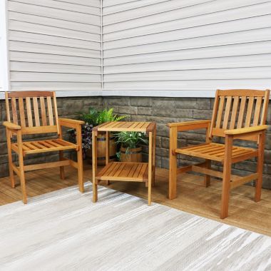Sunnydaze Outdoor Meranti Wood with Teak Oil Finish Patio Table and Chairs Conversation Set - Brown - 3pc. View a larger version of this product image.