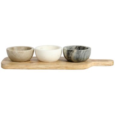 Laurie Gates California Designs Marble and Mango Wood 4 Piece Condiment Bowl and Paddle Board Set. View a larger version of this product image.