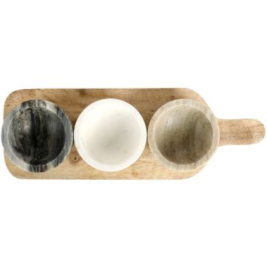 Laurie Gates California Designs Marble and Mango Wood 4 Piece Condiment Bowl and Paddle Board Set. View a larger version of this product image.