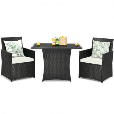 Costway 3 Pieces Patio Rattan Furniture Set with Cushion and Sofa Armrest-White. View a larger version of this product image.