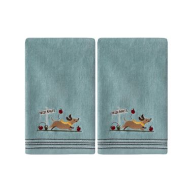 SKL Home Saturday Knight Ltd Dog With Apples Cotton Velour With Multicolor Stripes Hand Towel - 2-Pieces - 16x25", Aqua. View a larger version of this product image.