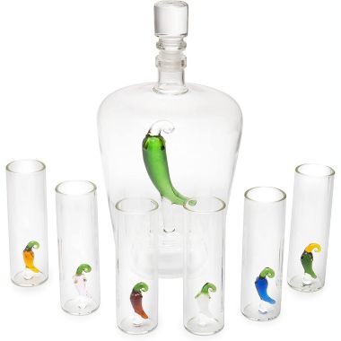 Tequila Decanter Set With Agave Decanter and 6 Agave Shot Glasses, Perfect For Any Bar Or Tequila Party, 25 Ounce Bottle, 3 Ounce Tequila Shot Glasses (Jalapeño Tequila Set). View a larger version of this product image.
