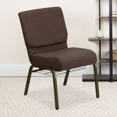 Flash Furniture HERCULES Series 21''W Church Chair in Brown Fabric with Cup Book Rack - Gold Vein Frame. View a larger version of this product image.