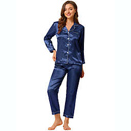 Allegra K Women's Sleepwear Pajama Satin Button Down Smooth 2 Pieces Lounge Long Sleeves Notch Collar Pocket Elastic Waist Pajama Set X-Small Dark Blue