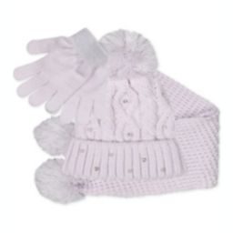 Fab Big Girl's 3 Pc Sparkly Knit Hat Scarf & Gloves Set Purple Size Regular