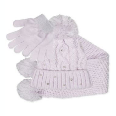 Fab Big Girl's 3 Pc Sparkly Knit Hat Scarf & Gloves Set Purple Size Regular. View a larger version of this product image.