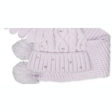 Fab Big Girl's 3 Pc Sparkly Knit Hat Scarf & Gloves Set Purple Size Regular. View a larger version of this product image.
