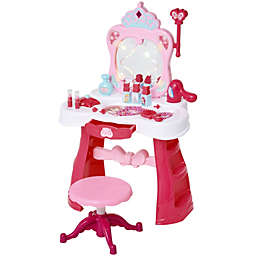 Qaba Kids Vanity Set Makeup Table Princess Pretend Play for Girls with Lights, Sounds, Stool, Magic Wand Remote, Mirror and Makeup Accessories