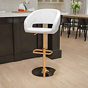 Emma + Oliver White Vinyl Adjustable Height Barstool with Rounded Mid-Back and Gold Base