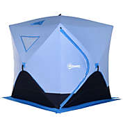 Outsunny 4 Person Ice Fishing Shelter with Padded Walls, Thermal Waterproof Portable Pop Up Ice Tent with 2 Doors, Light Blue
