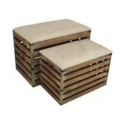 Cheungs Home Decorative Set Of 2 Rectangular Wood Slat Storage Bench With Metal Accent And Cushioned Lid