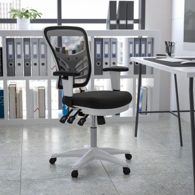 Flash Furniture Nicholas Mid-Back Black Mesh Multifunction Executive Swivel Ergonomic Office Chair with Adjustable Arms and White Frame. View a larger version of this product image.