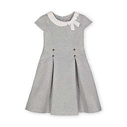 Hope & Henry Girls' Pleated Ponte Dress with Woven Collar and Bow (Grey Heather with White Trim, 3-6 Months)