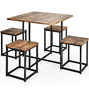 Slickblue 5 Pieces Metal Frame Dining Set with Compact Dining Table and 4 Stools -Walnut