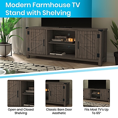 Emma + Oliver Troyer Barn Door Style TV Stand for up to 65" TV&#39;s - Farmhouse Gray Wash Entertainment Center - 59" Media Console with Adjustable Middle Shelf. View a larger version of this product image.