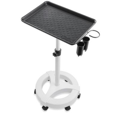 Saloniture Rolling Salon Aluminum Instrument Tray - Portable Hair Stylist Trolley with Accessory Caddy and Mat. View a larger version of this product image.