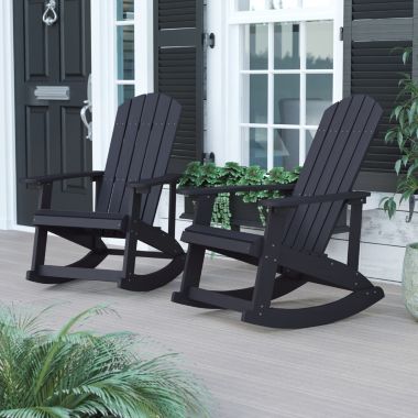 Flash Furniture Savannah Commercial Grade All-Weather Poly Resin Wood Adirondack Rocking Chair with Rust Resistant Stainless Steel Hardware in Black - Set of 2. View a larger version of this product image.