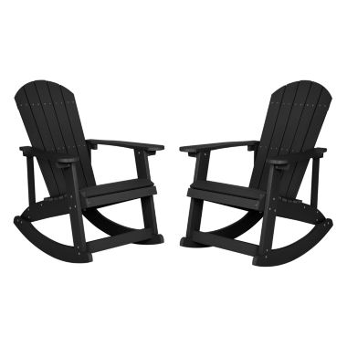 Flash Furniture Savannah Commercial Grade All-Weather Poly Resin Wood Adirondack Rocking Chair with Rust Resistant Stainless Steel Hardware in Black - Set of 2. View a larger version of this product image.