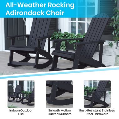 Flash Furniture Savannah Commercial Grade All-Weather Poly Resin Wood Adirondack Rocking Chair with Rust Resistant Stainless Steel Hardware in Black - Set of 2. View a larger version of this product image.