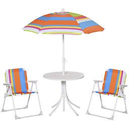 Outsunny Kids Folding Picnic Table and Chair Set Color Stripes Outdoor Garden Patio Backyard with Removable & Height Adjustable Sun Umbrella, Multi