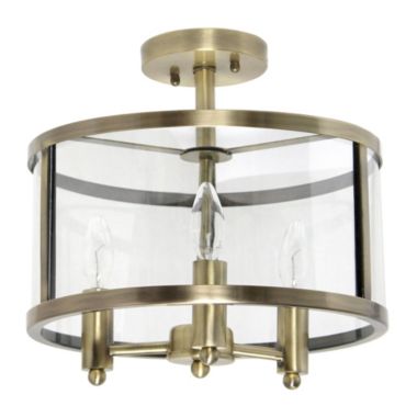 Lalia Home 3-Light 13" Industrial Farmhouse Glass And Metallic Accented Semi-Flushmount, Antique Brass. View a larger version of this product image.