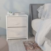 Flash Furniture Harris 2 Drawer Wood Top White Nightstand Storage Organizer with Cast Iron Frame and Light Gray Easy Pull Fabric Drawers