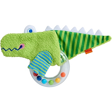 HABA Clutching Toy Crocodile Fabric Teether with Removable Plastic Rattling Ring. View a larger version of this product image.