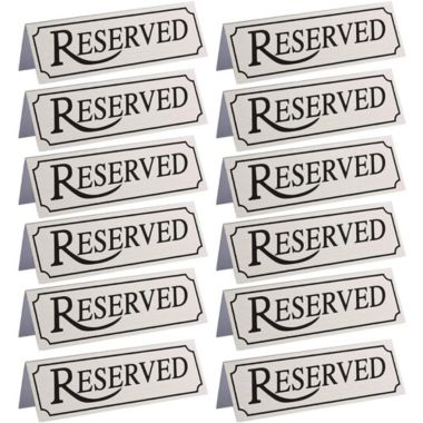 Juvale 12 Pack Small Metal Reserved Table Signs for Restaurants, Dinner Parties, and Banquets, Etched Silver Design (4.7 x 1.5 In). View a larger version of this product image.