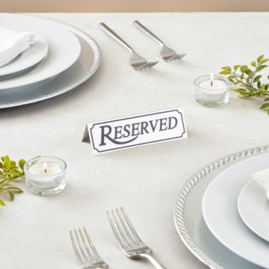 Juvale 12 Pack Small Metal Reserved Table Signs for Restaurants, Dinner Parties, and Banquets, Etched Silver Design (4.7 x 1.5 In). View a larger version of this product image.