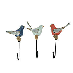 Transpac Red Blue White Wood Metal Bird Wall Hook Coat Hanger Towel Key Holder Set of 3