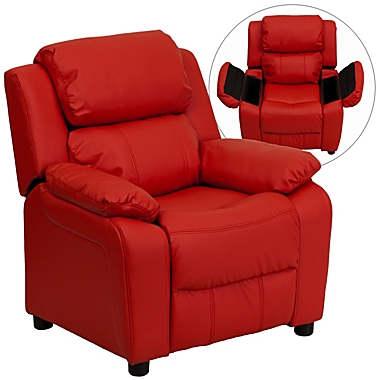 Flash Furniture Charlie Deluxe Padded Contemporary Red Vinyl Kids Recliner with Storage Arms. View a larger version of this product image.