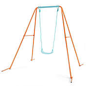 Slickblue Outdoor Kids Swing Set with Heavy Duty Metal A-Frame and Ground Stakes-Orange