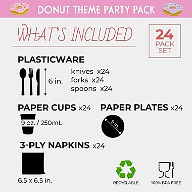 Juvale 144 Piece Donut Grow Up Party Supplies with Plates, Napkins, Cups, Cutlery, Dinnerware Set for Two Sweet Birthday Decorations (Serves 24). View a larger version of this product image.