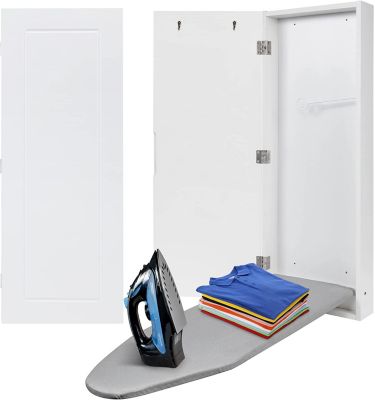 Ivation Wall-Mounted Ironing Board Cabinet, Foldable Ironing Storage Station for Home, Apartment , Easy-Release Lever, Garment Hooks, White