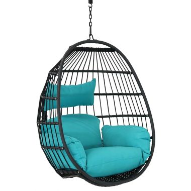 Sunnydaze Outdoor Resin Wicker Patio Dalia Hanging Basket Egg Chair with Cushions and Headrest - Teal - 2pc. View a larger version of this product image.