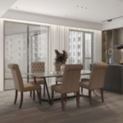 Emma + Oliver 6 PK Beige Faux Leather Upholstered Rolled Back Parsons Chair with Nailhead Trim & Walnut Finished Frame with Plastic Floor Glides