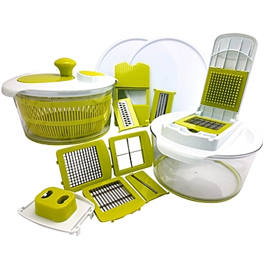 MegaChef 10-in-1 Multi-Use Salad Spinning Slicer, Dicer and Chopper with Interchangeable Blades and Storage Lids. View a larger version of this product image.