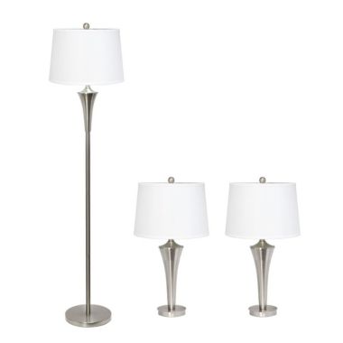 Lalia Home Perennial Modern Vienna 3 Piece Metal Lamp Set (2 Table Lamps, 1 Floor Lamp) with White Tapered Drum Fabric Shades and Brushed Nickel Finish. View a larger version of this product image.
